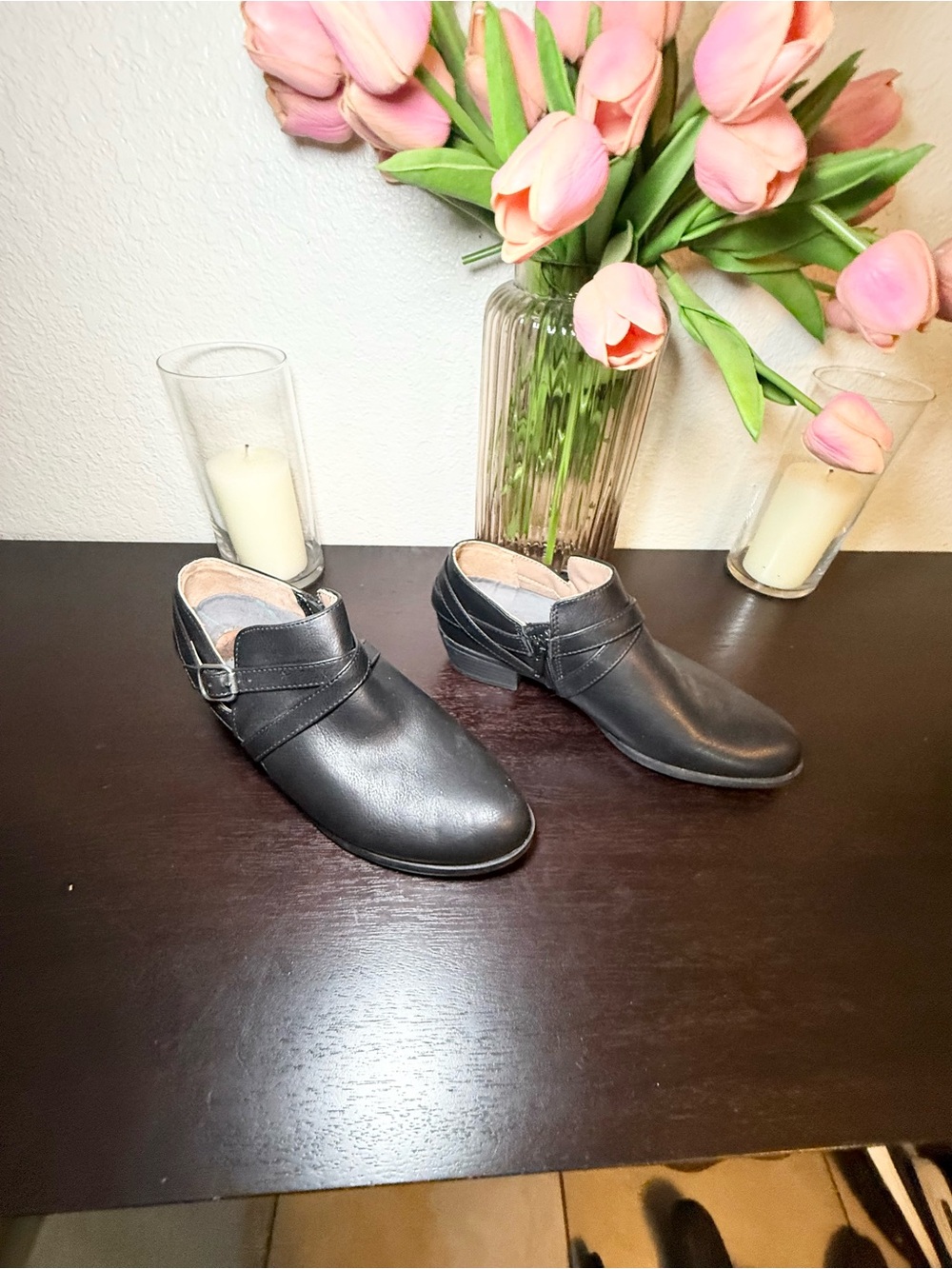 Black Slip-On Dress Shoes with Buckle Strap. Size 9.5